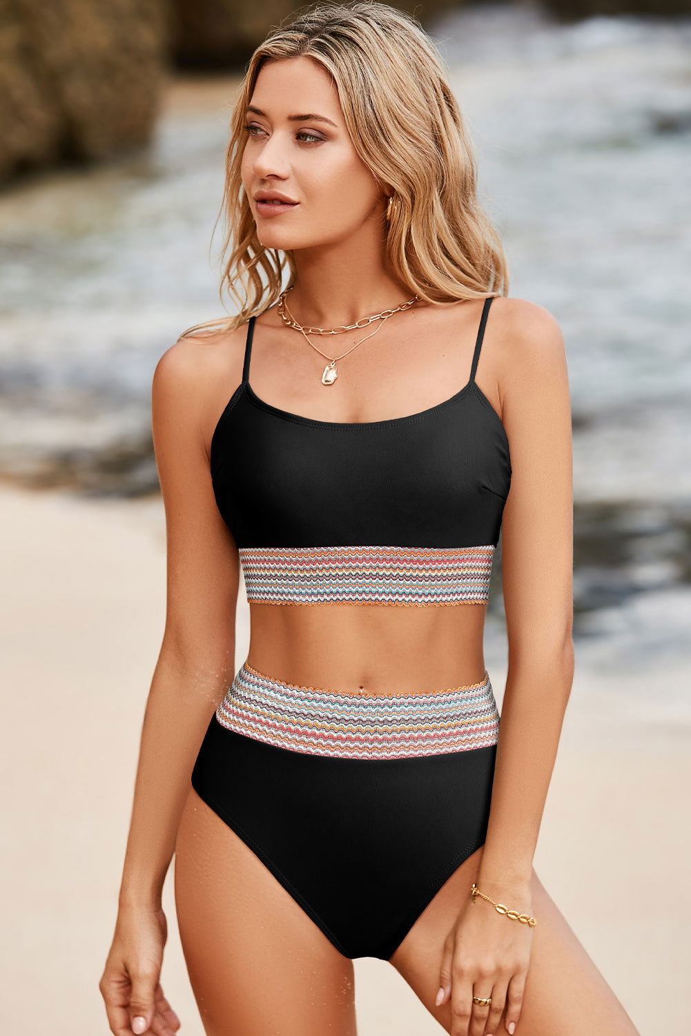 Black Striped Patchwork Spaghetti Strap High Waist Bikini Set - Vesteeto