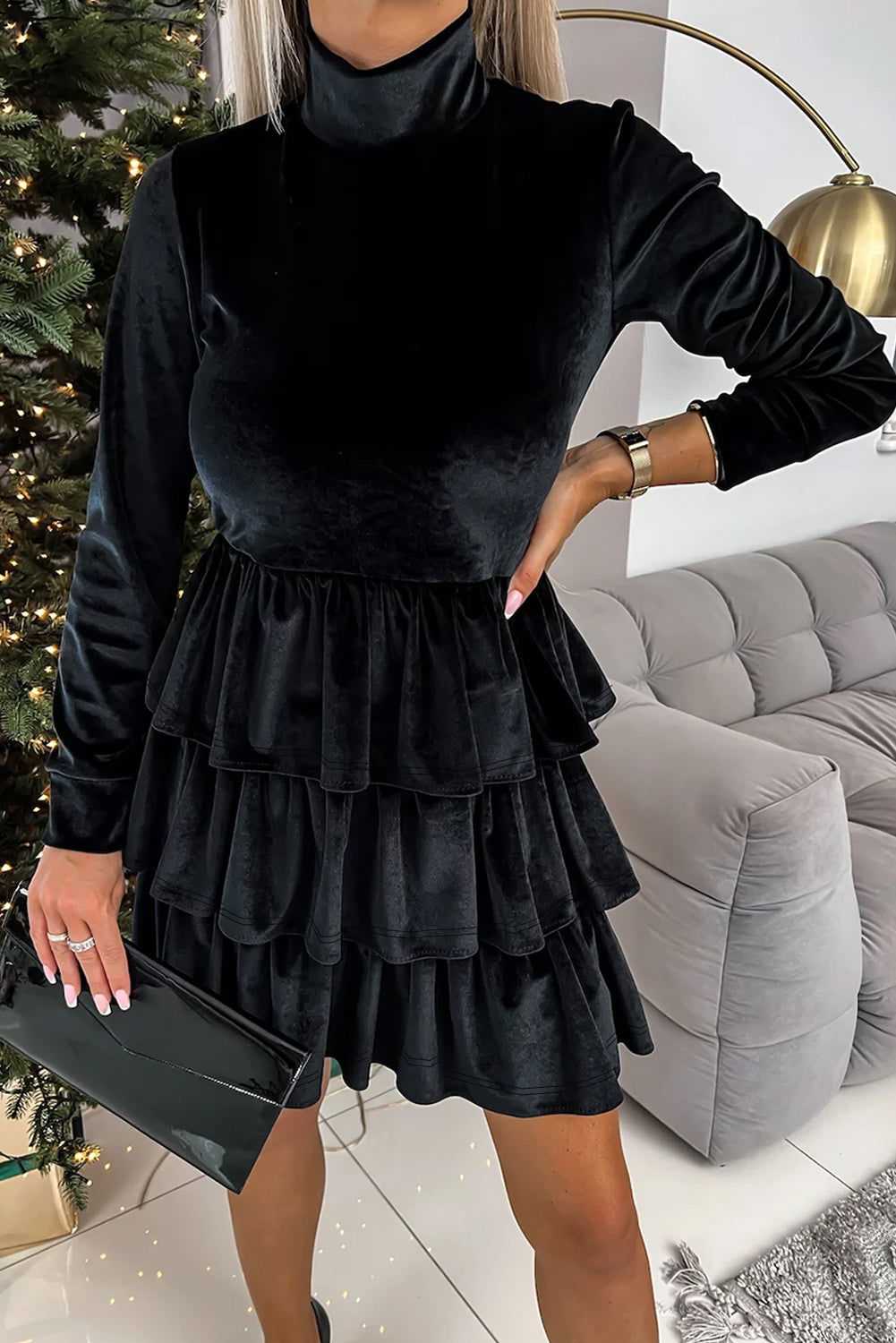 Black Velvet High Neck Tiered Ruffle Mini Dress - Vesteeto