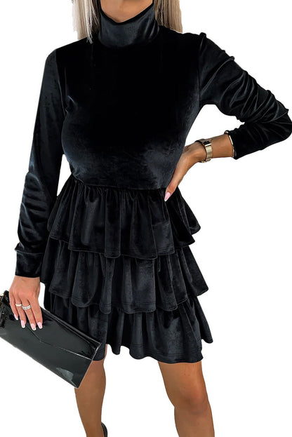 Black Velvet High Neck Tiered Ruffle Mini Dress - Vesteeto