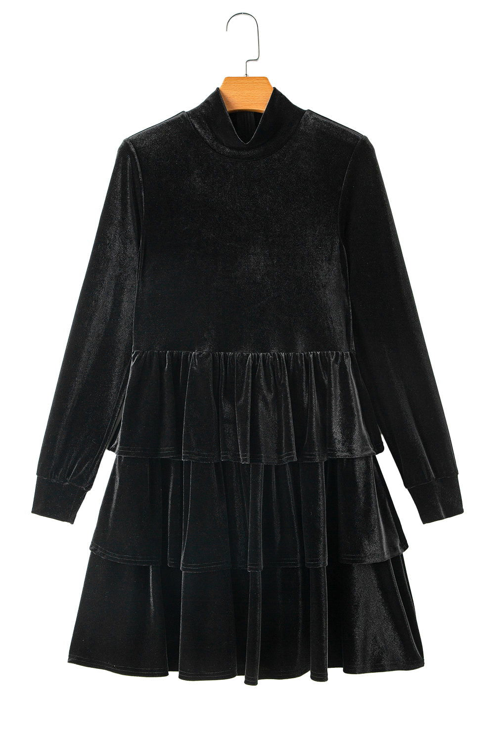 Black Velvet High Neck Tiered Ruffle Mini Dress - Vesteeto