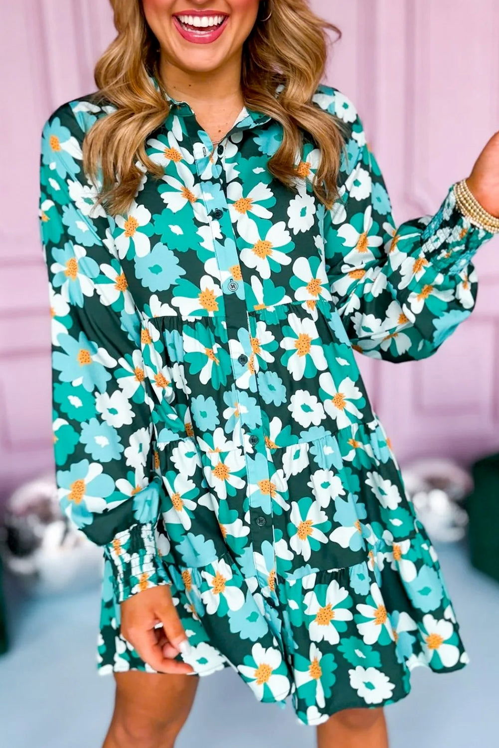 Blackish Green Flower Print Smocked Cuffs Tiered Mini Dress - Vesteeto