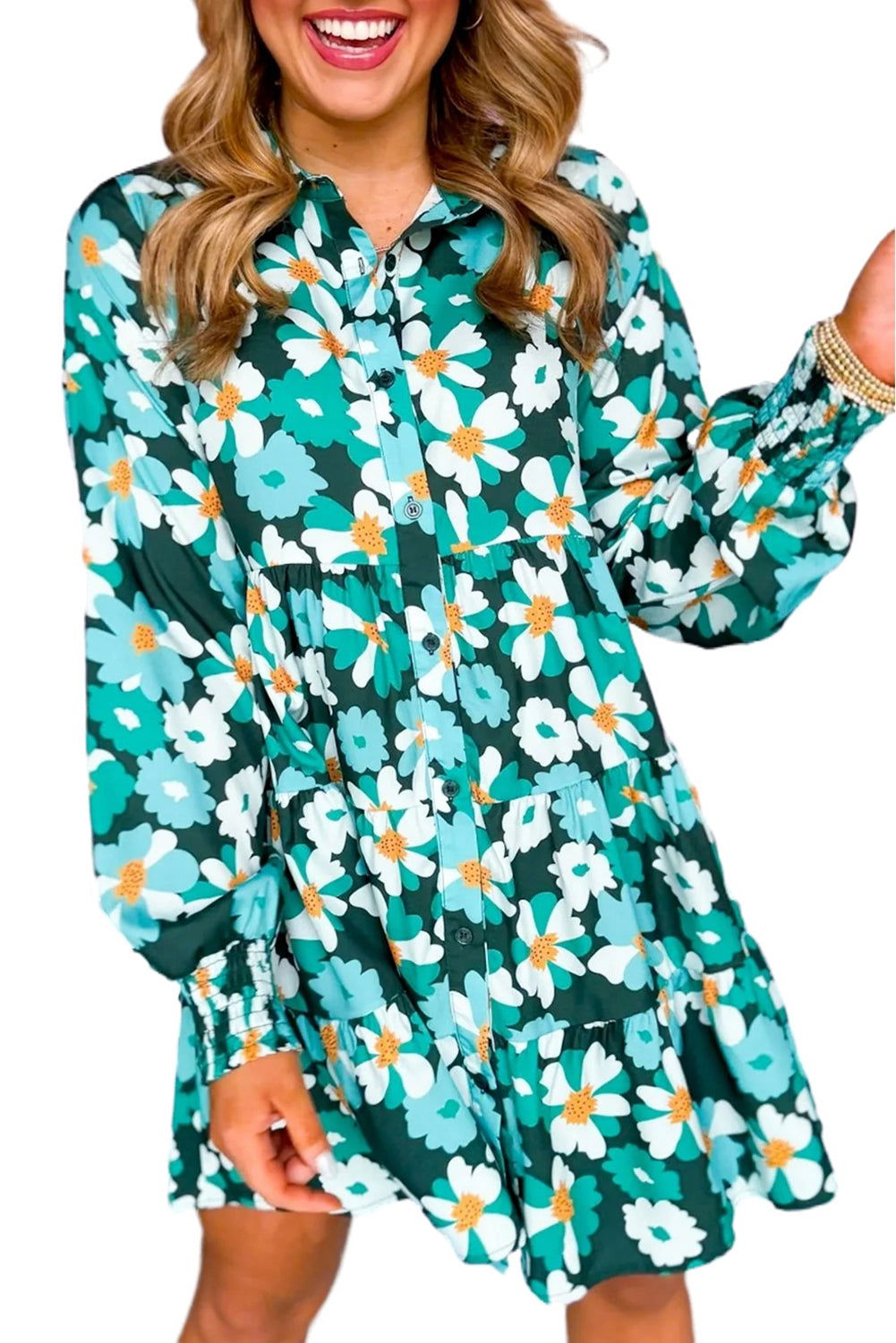 Blackish Green Flower Print Smocked Cuffs Tiered Mini Dress - Vesteeto