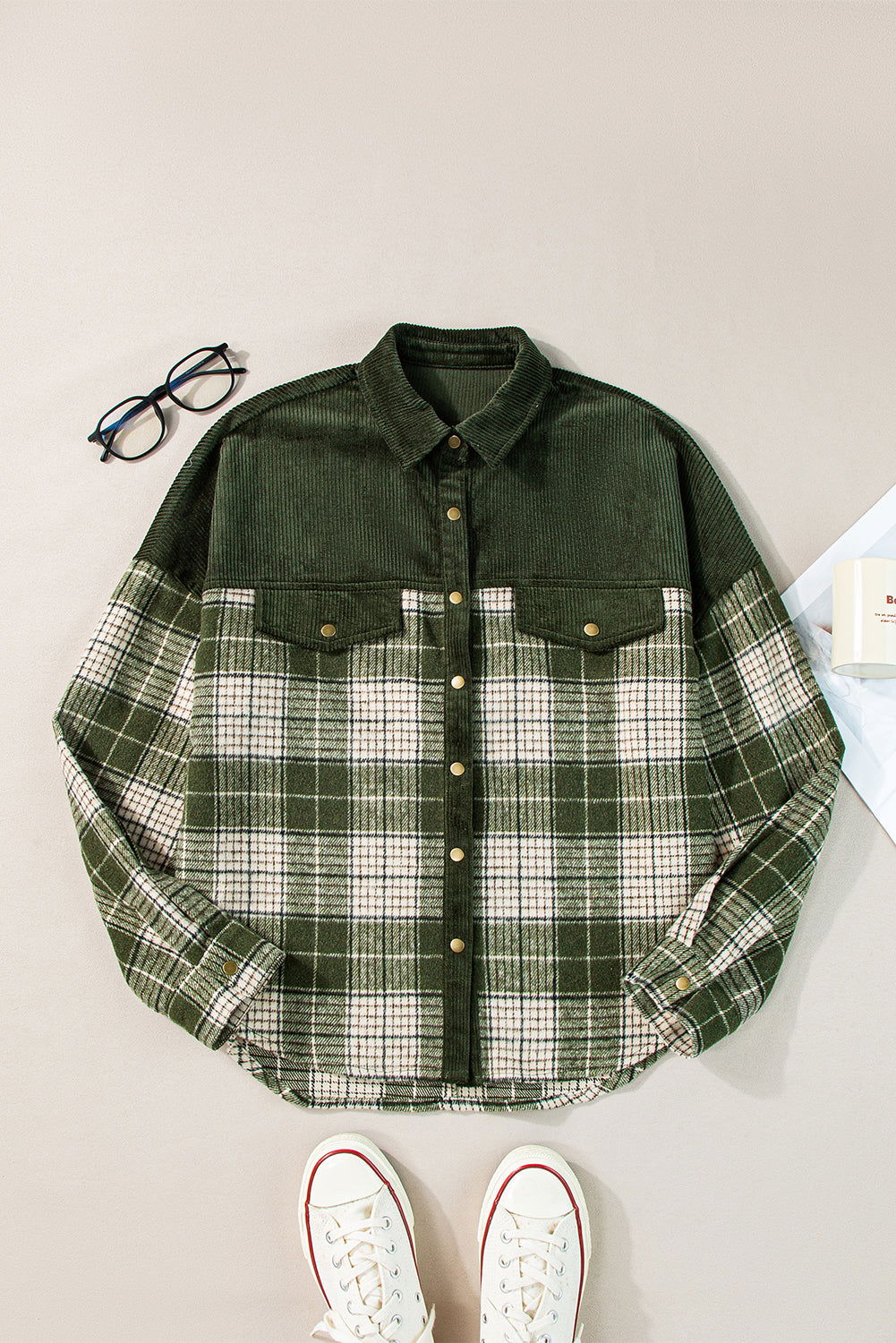 Blackish Green Snap Buttons Patchwork Plaid Shacket - Vesteeto