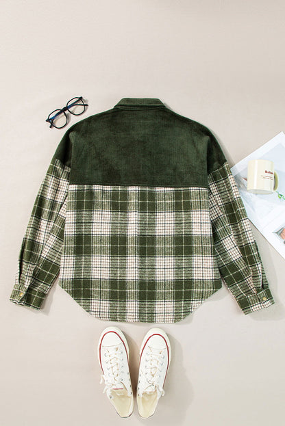 Blackish Green Snap Buttons Patchwork Plaid Shacket - Vesteeto