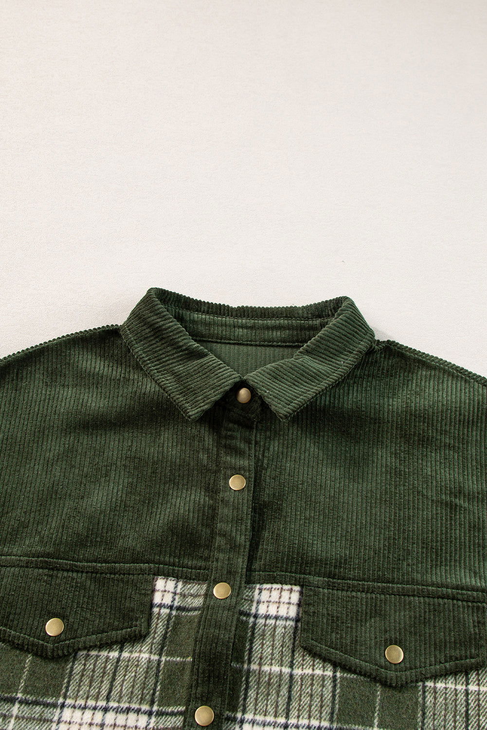 Blackish Green Snap Buttons Patchwork Plaid Shacket - Vesteeto