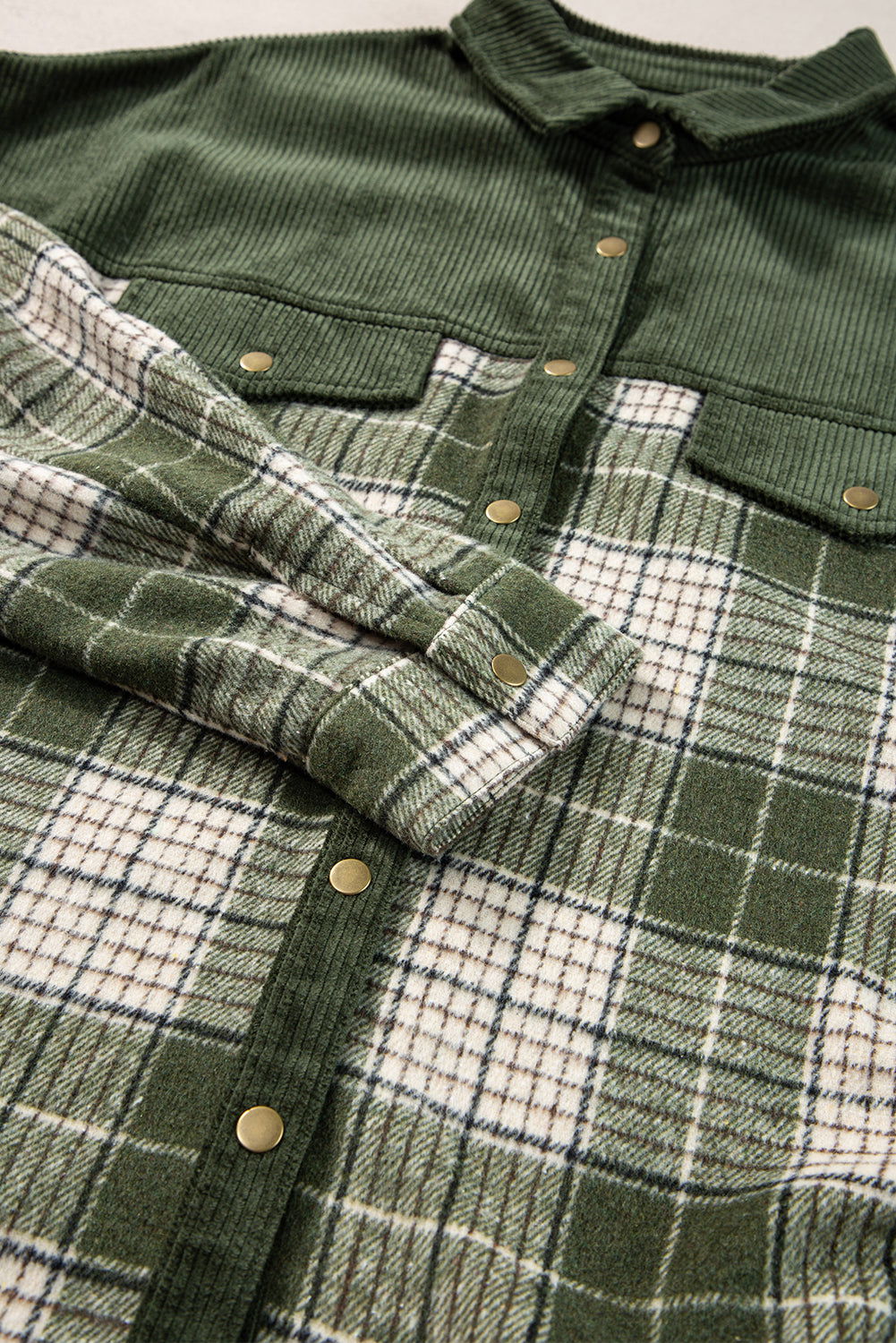 Blackish Green Snap Buttons Patchwork Plaid Shacket - Vesteeto