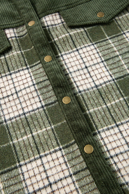 Blackish Green Snap Buttons Patchwork Plaid Shacket - Vesteeto