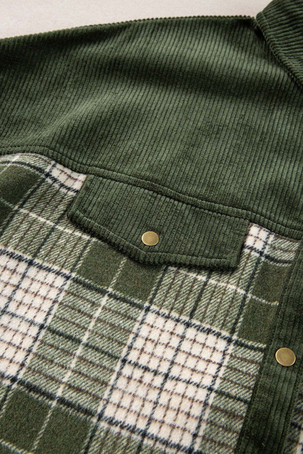 Blackish Green Snap Buttons Patchwork Plaid Shacket - Vesteeto