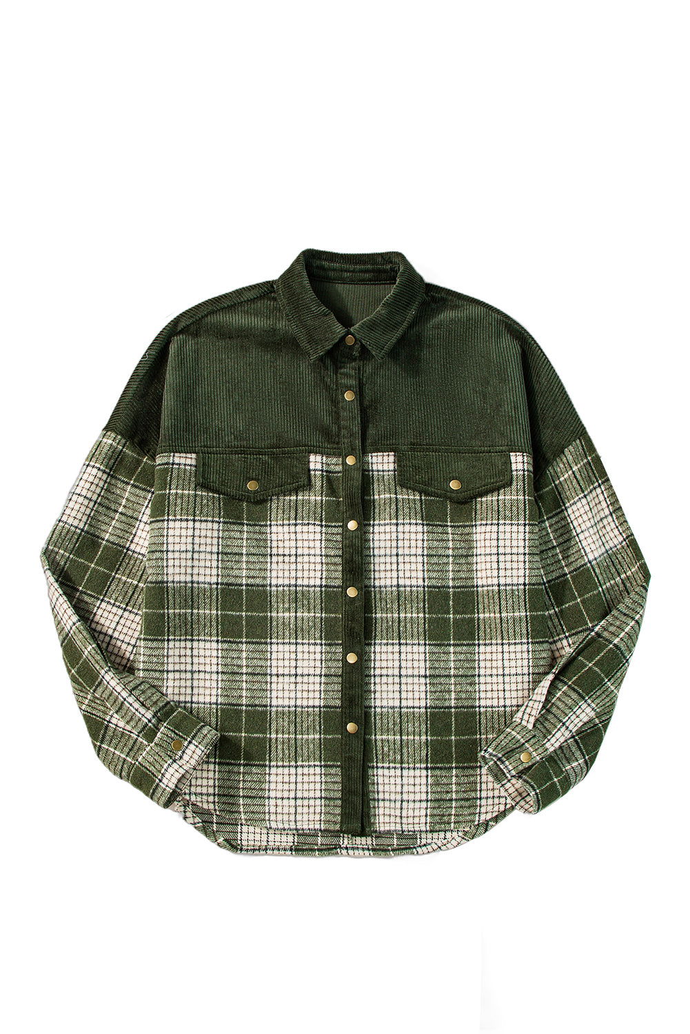 Blackish Green Snap Buttons Patchwork Plaid Shacket - Vesteeto