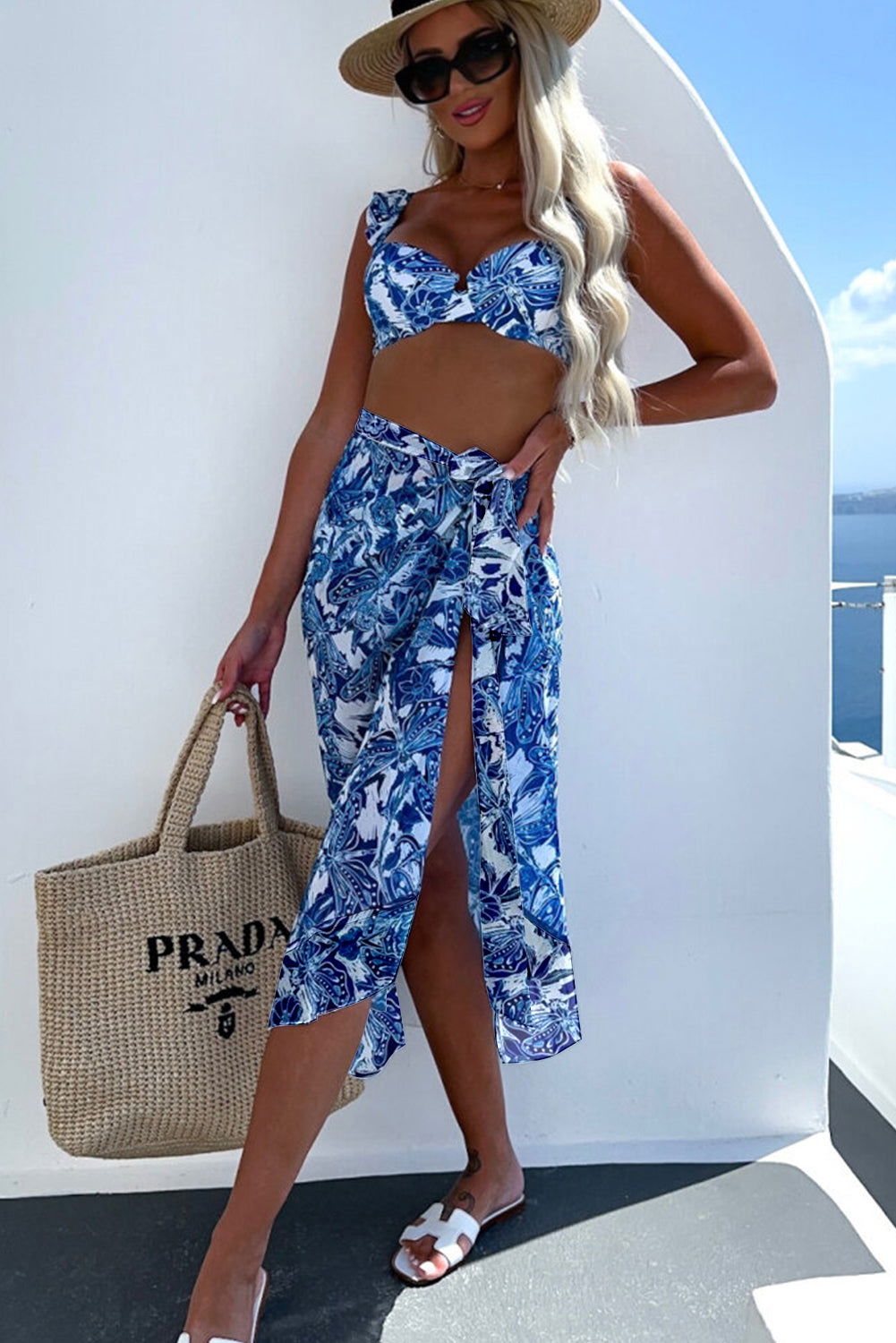 Blue 3pcs Flower Print Ruffled Bikini Set with Cover Up Skirt - Vesteeto