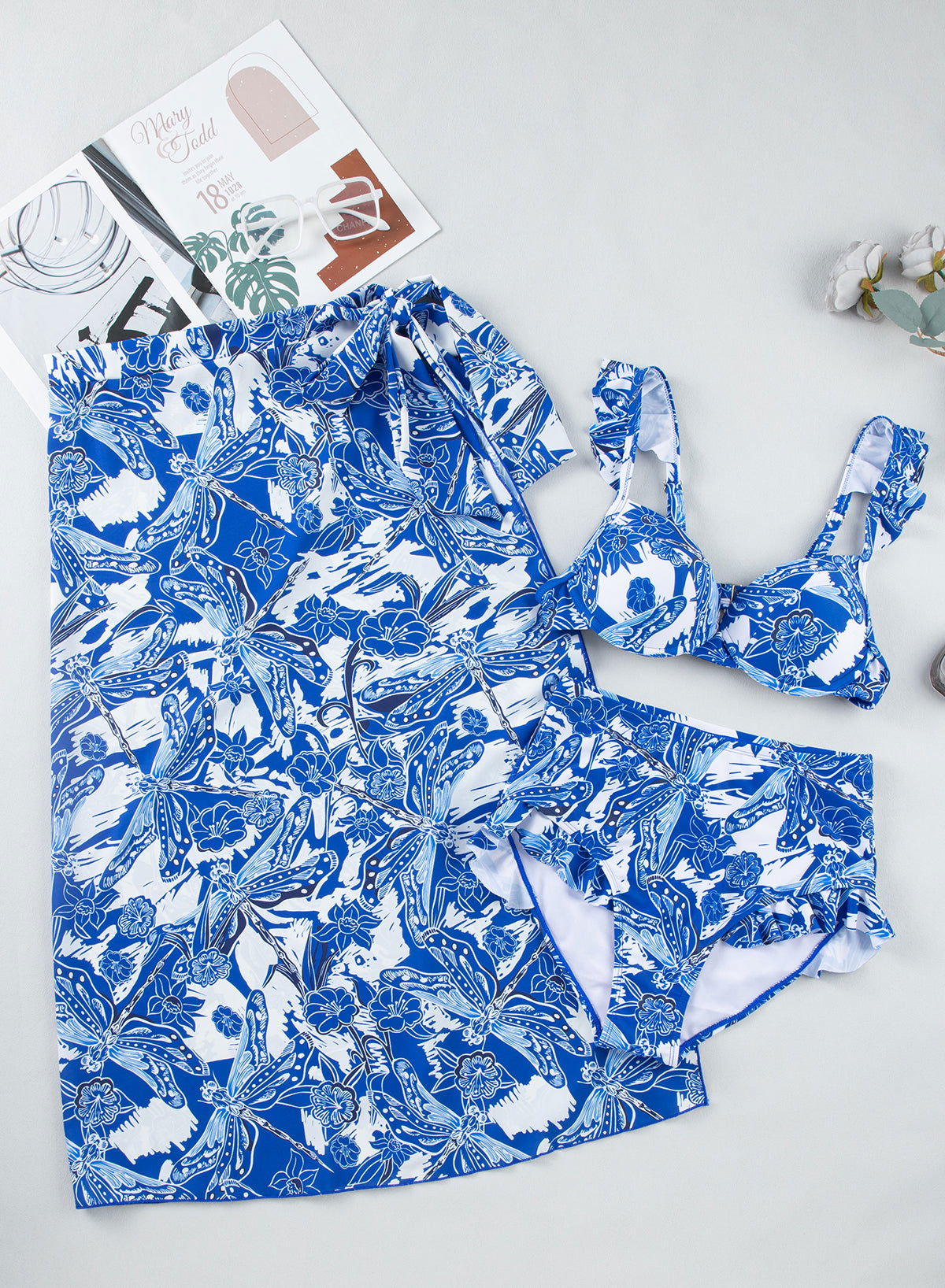 Blue 3pcs Flower Print Ruffled Bikini Set with Cover Up Skirt - Vesteeto