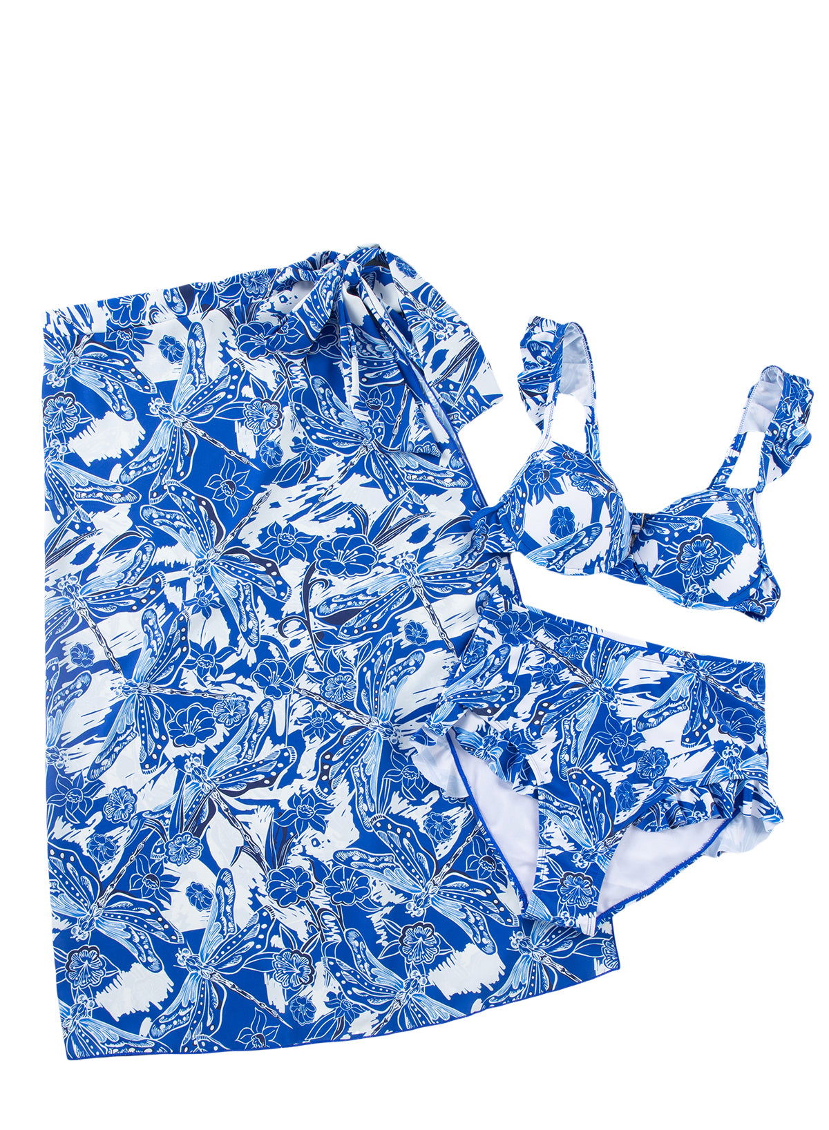 Blue 3pcs Flower Print Ruffled Bikini Set with Cover Up Skirt - Vesteeto