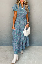 Blue Abstract Print Split V Neck Shirred High Waist Maxi Dress - Vesteeto