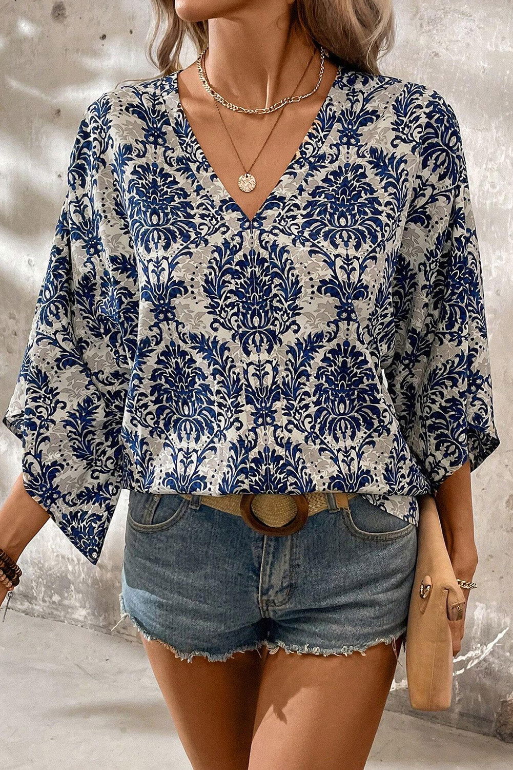 Blue Bohemian Print Flounce Sleeve Blouse - Vesteeto