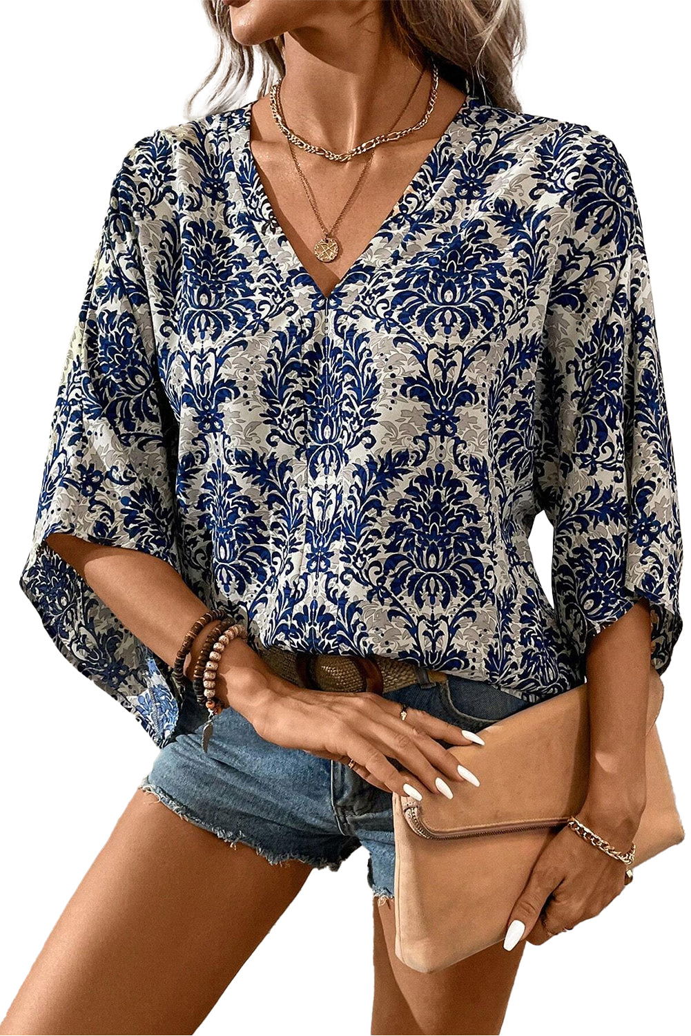 Blue Bohemian Print Flounce Sleeve Blouse - Vesteeto