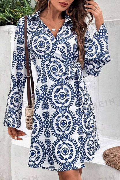 Blue Boho Wrap V-Neck Knotted Mini Dress - Vesteeto