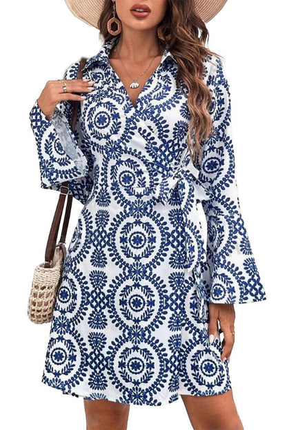 Blue Boho Wrap V-Neck Knotted Mini Dress - Vesteeto