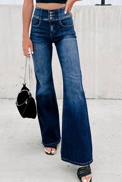 Blue Buttons Elastic Wide Waistband Back Flare Jeans - Vesteeto