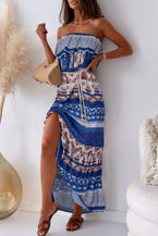 Blue Ethnic Print Ruffle Strapless Tie Waist Maxi Dress - Vesteeto