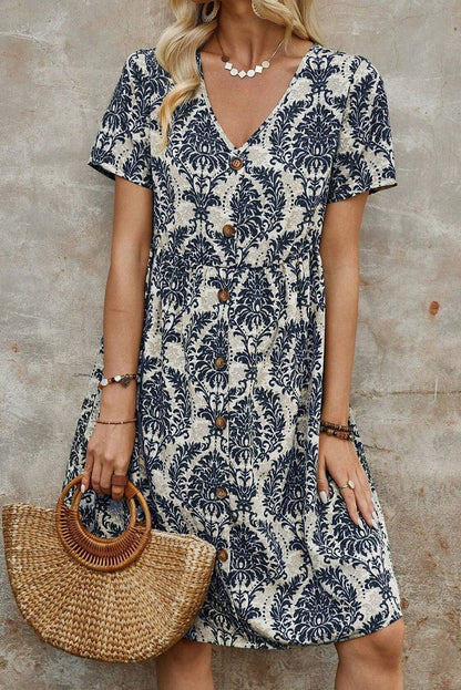 Blue Floral Print V Neck Short Sleeve Loose Midi Dress - Vesteeto