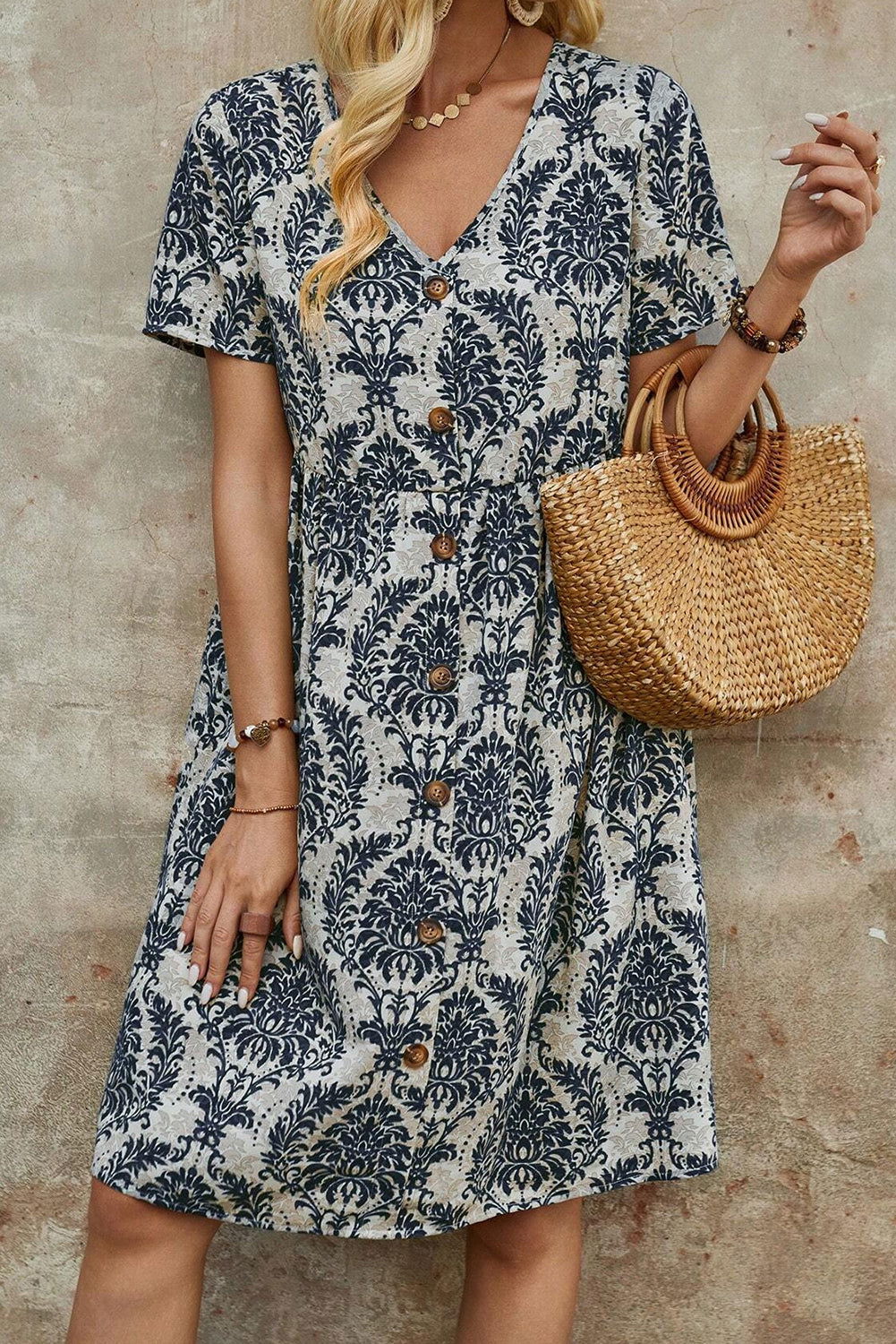 Blue Floral Print V Neck Short Sleeve Loose Midi Dress - Vesteeto