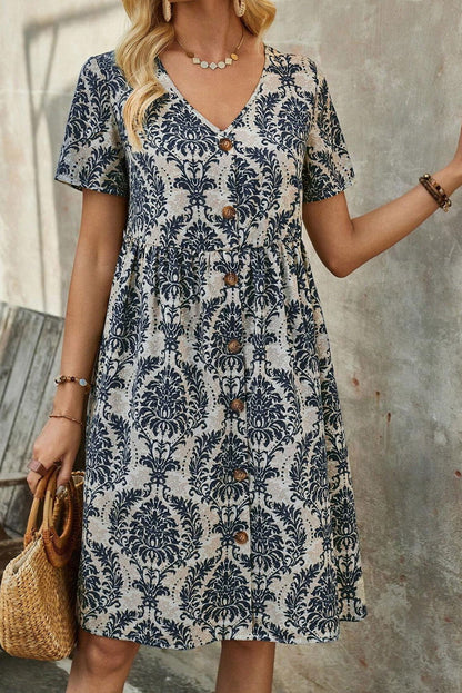 Blue Floral Print V Neck Short Sleeve Loose Midi Dress - Vesteeto