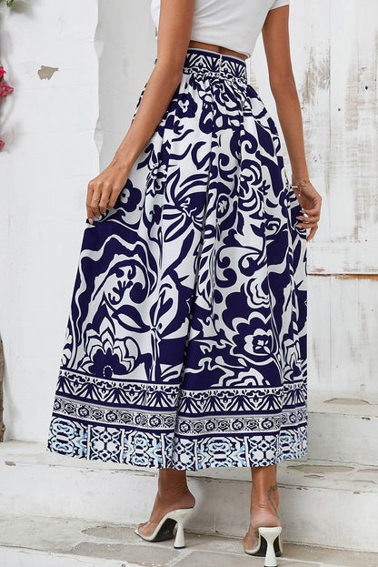 Blue Floral Printed High Waist Maxi Skirt - Vesteeto