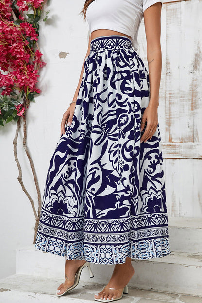 Blue Floral Printed High Waist Maxi Skirt - Vesteeto