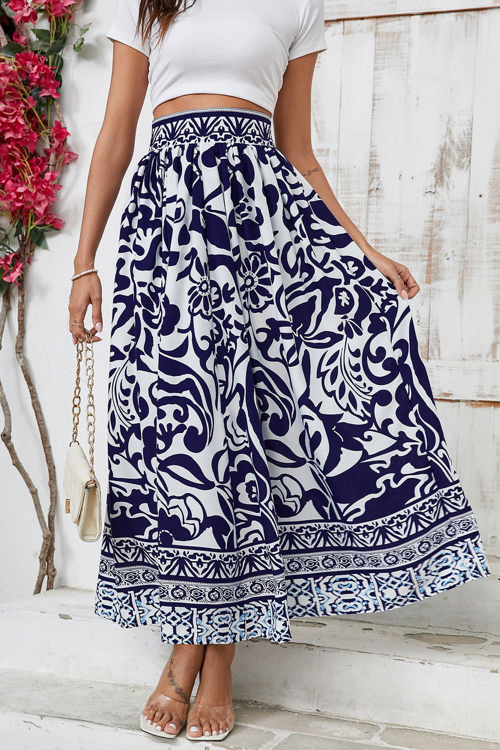 Blue Floral Printed High Waist Maxi Skirt - Vesteeto