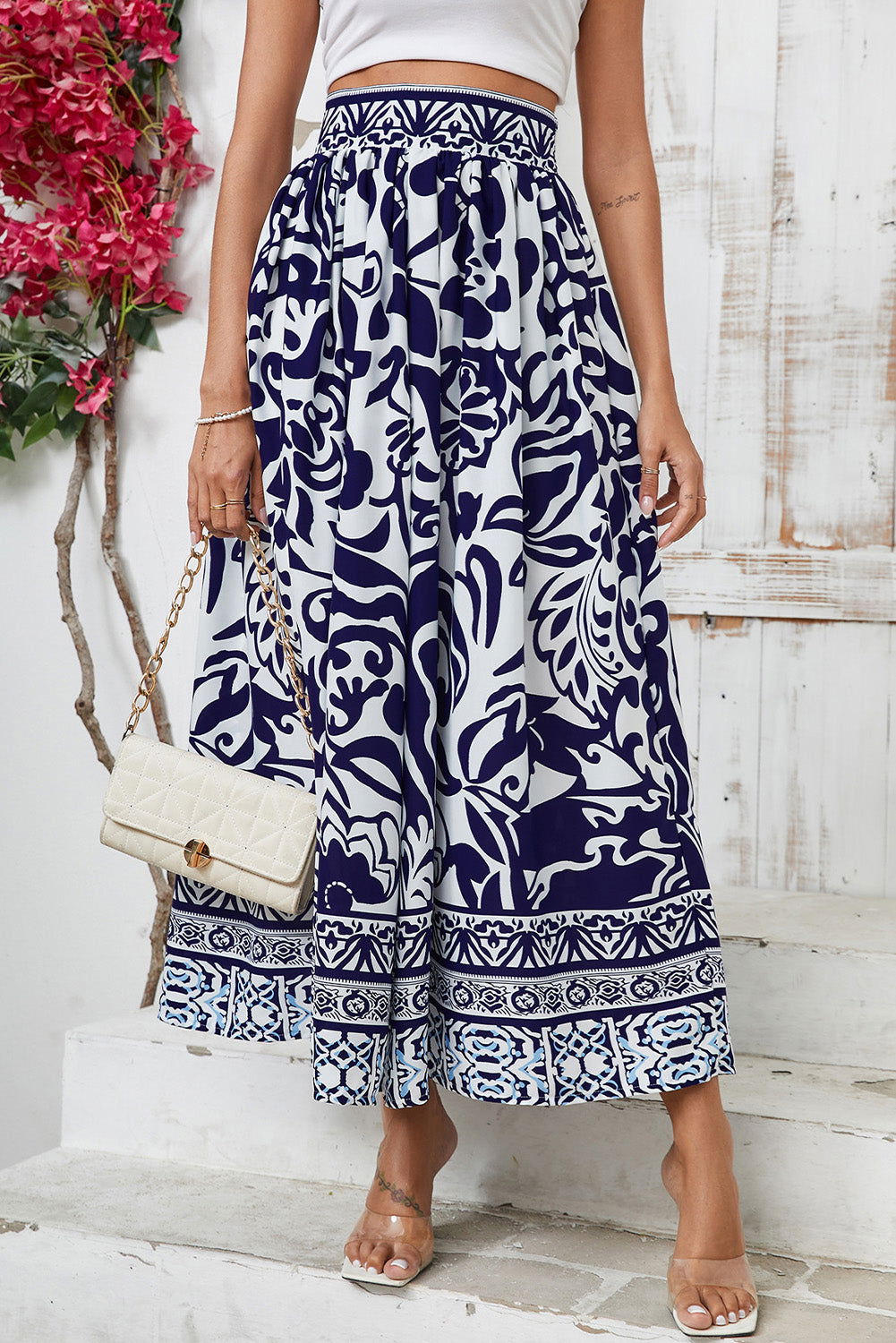 Blue Floral Printed High Waist Maxi Skirt - Vesteeto