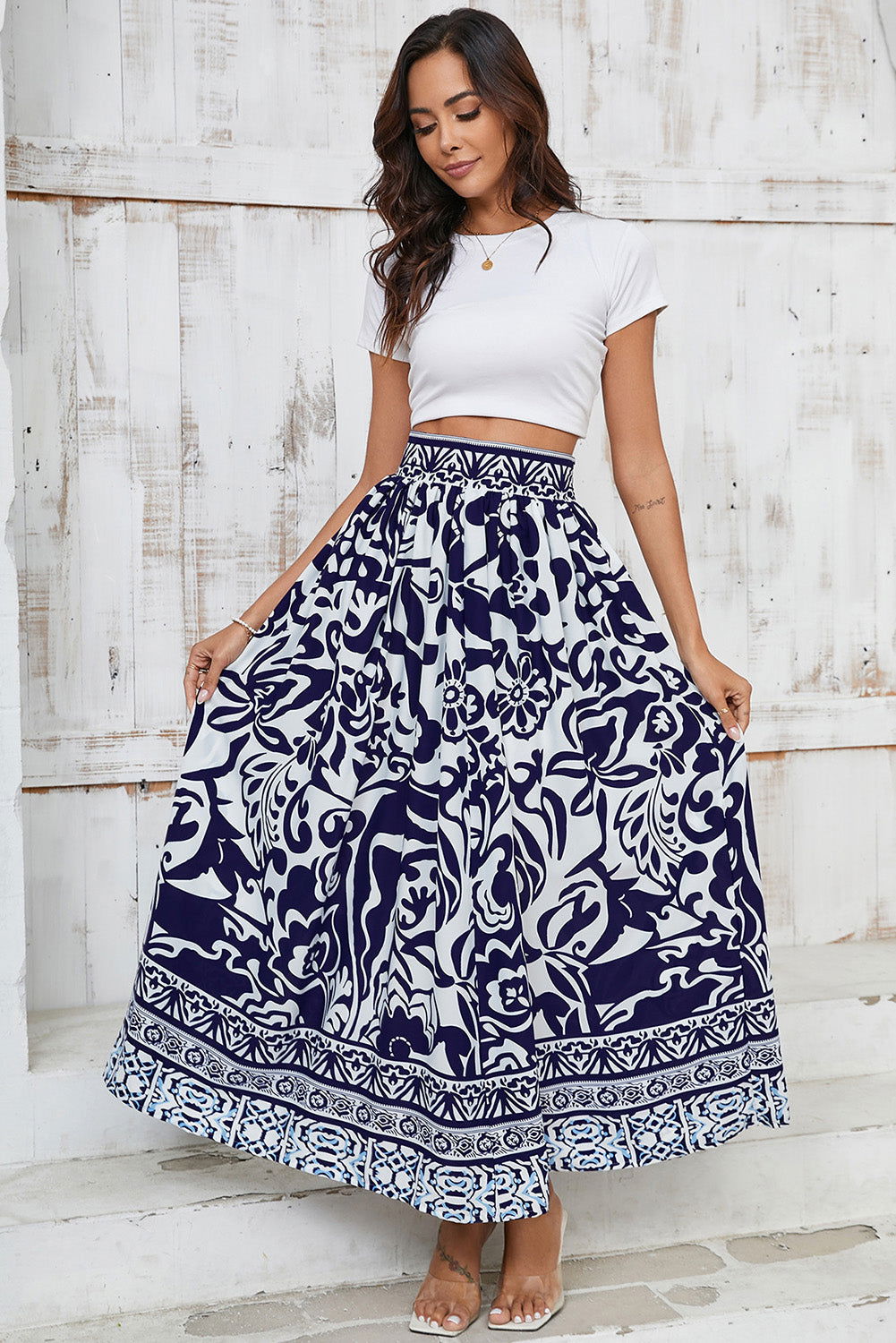 Blue Floral Printed High Waist Maxi Skirt - Vesteeto