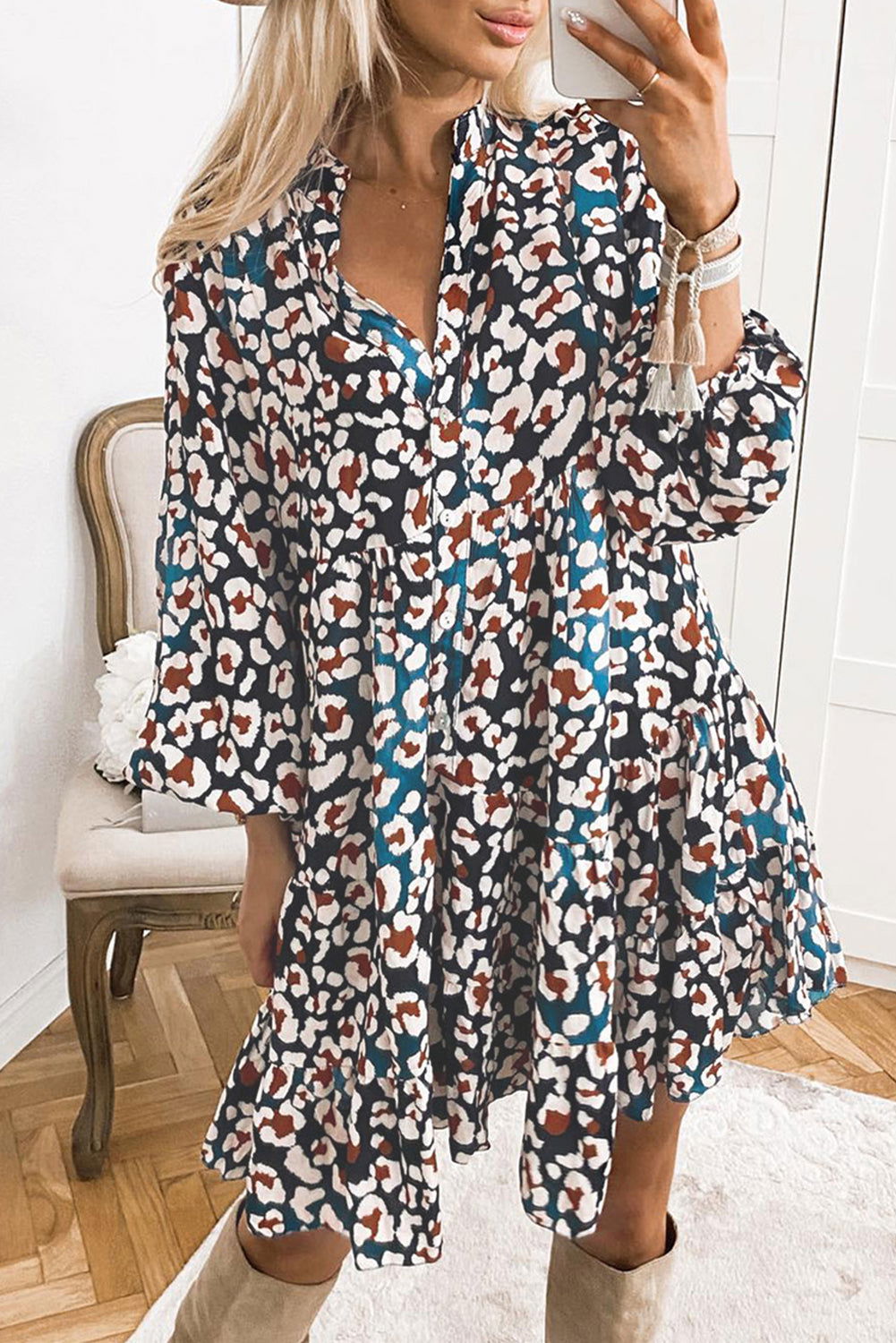 Blue Leopard Print Bubble Sleeve Ruffled Shirt Dress - Vesteeto