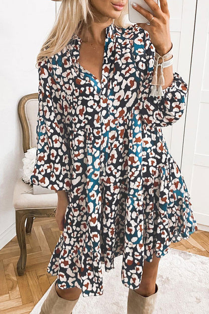 Blue Leopard Print Bubble Sleeve Ruffled Shirt Dress - Vesteeto