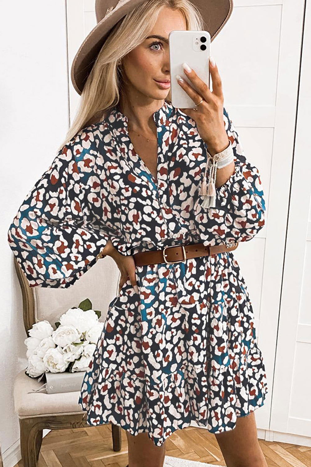 Blue Leopard Print Bubble Sleeve Ruffled Shirt Dress - Vesteeto