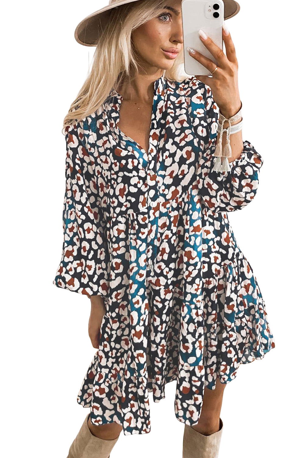 Blue Leopard Print Bubble Sleeve Ruffled Shirt Dress - Vesteeto