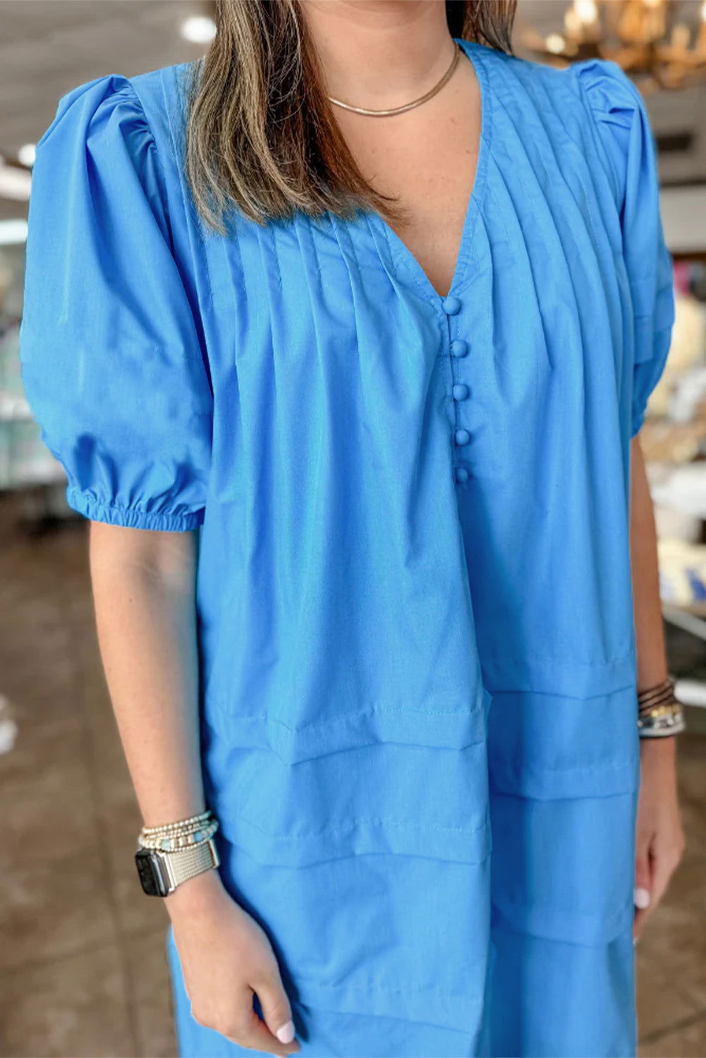 Blue Plain Pleated Button V Neck Puff Sleeve Mini Dress - Vesteeto