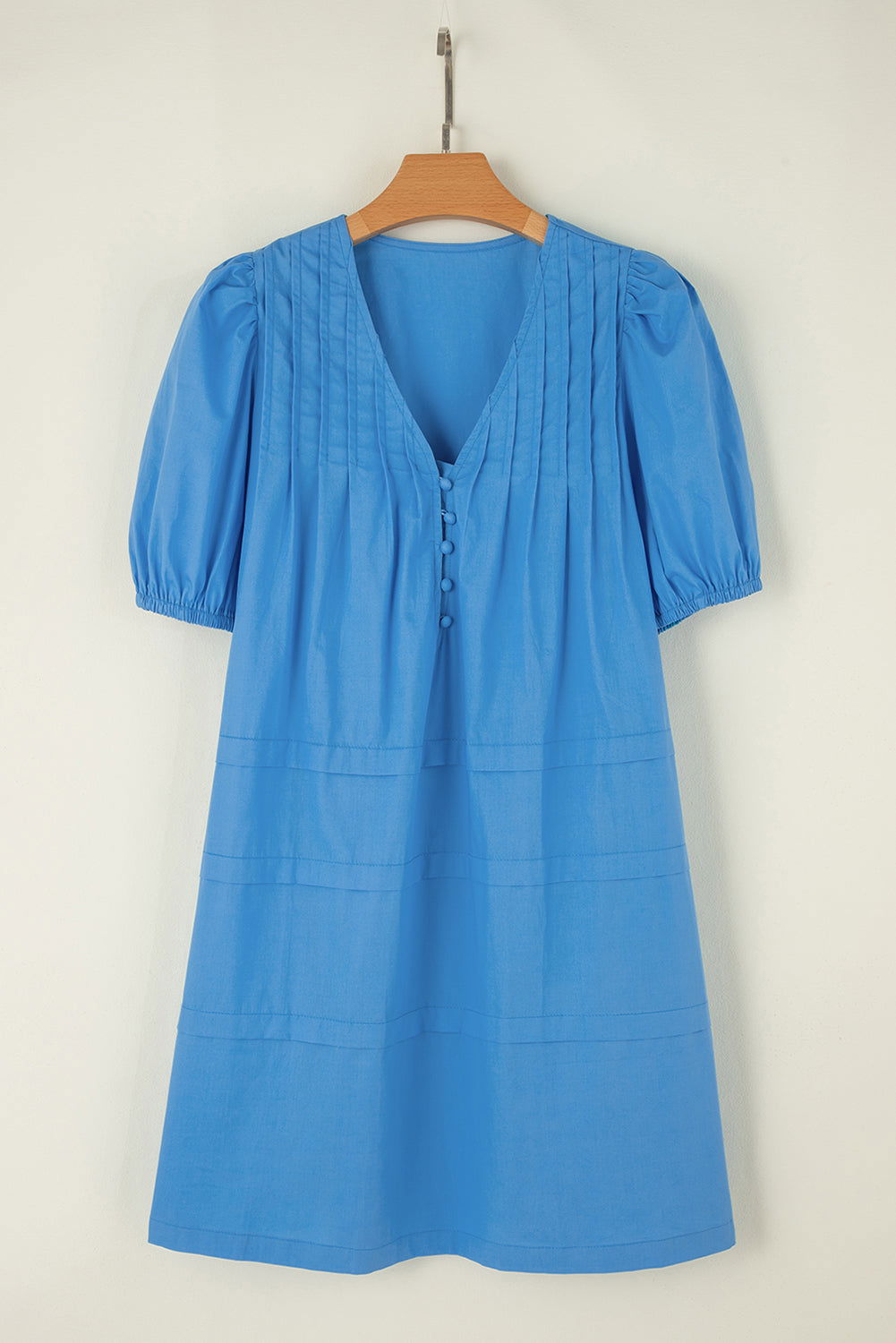 Blue Plain Pleated Button V Neck Puff Sleeve Mini Dress - Vesteeto