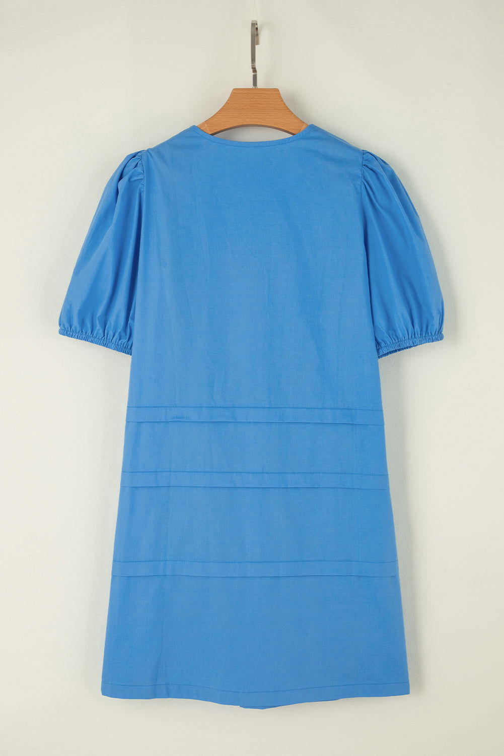 Blue Plain Pleated Button V Neck Puff Sleeve Mini Dress - Vesteeto