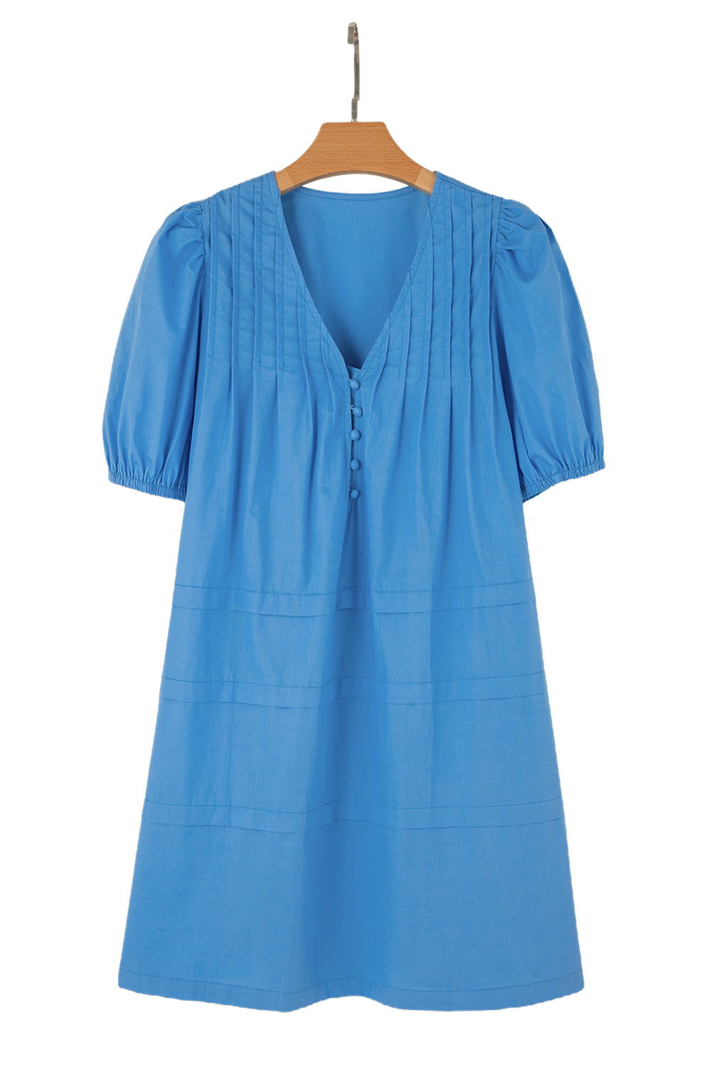 Blue Plain Pleated Button V Neck Puff Sleeve Mini Dress - Vesteeto