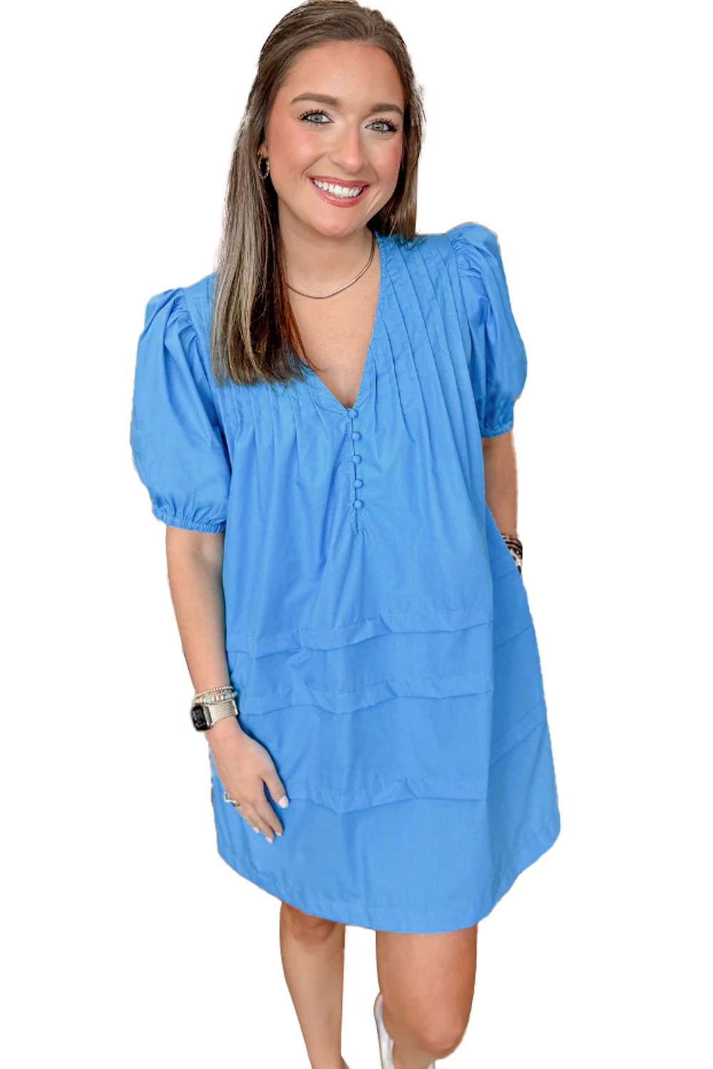 Blue Plain Pleated Button V Neck Puff Sleeve Mini Dress - Vesteeto