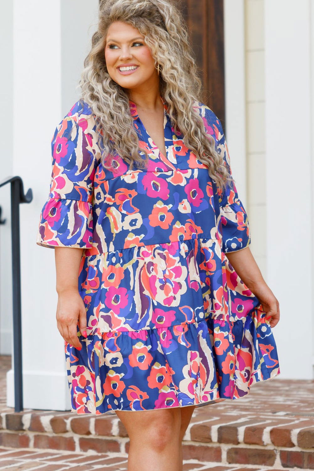 Blue Plus Size Floral Print Bell Sleeve Mini Dress - Vesteeto