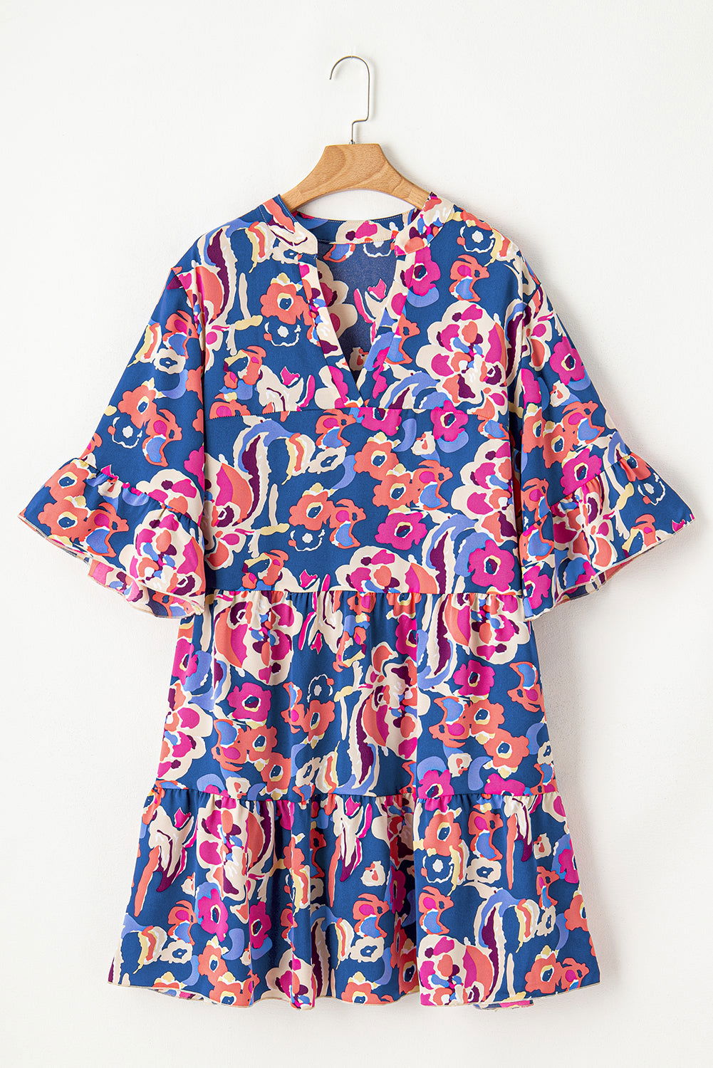 Blue Plus Size Floral Print Bell Sleeve Mini Dress - Vesteeto