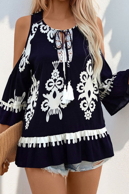 Blue Random Abstract Print Cold Shoulder Tassel Tie Front Boho Blouse - Vesteeto