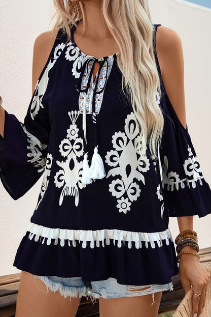 Blue Random Abstract Print Cold Shoulder Tassel Tie Front Boho Blouse - Vesteeto