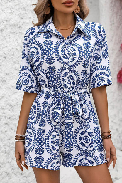 Blue Random Ethnic Print High Waist Half Sleeve Romper - Vesteeto