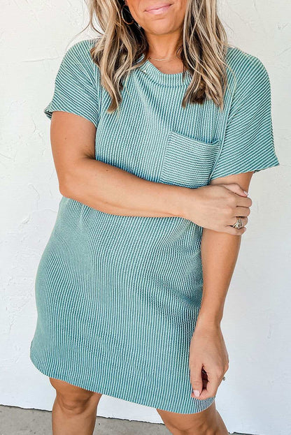 Blue Ribbed Chest Pocket Casual T Shirt Dress - Vesteeto