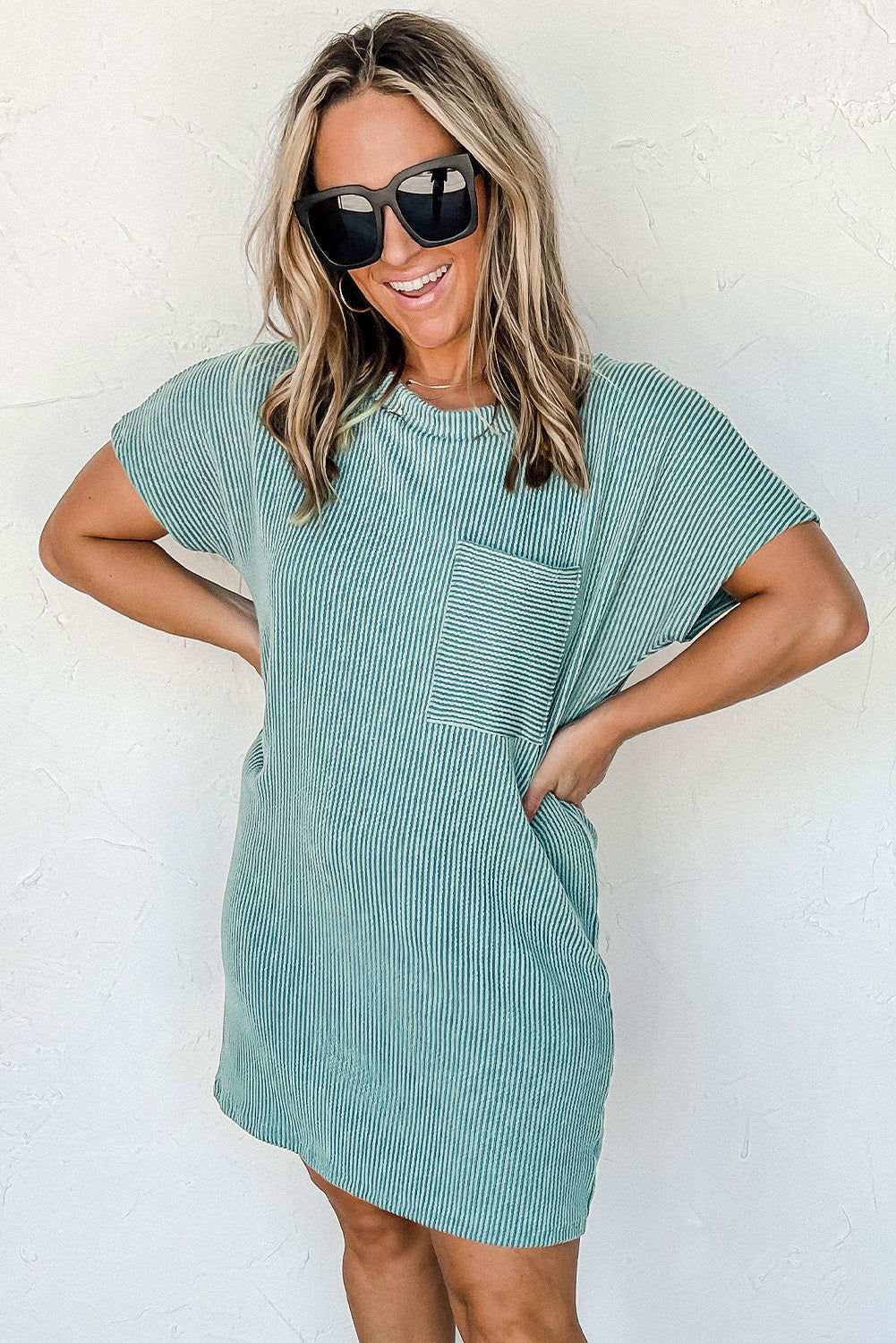 Blue Ribbed Chest Pocket Casual T Shirt Dress - Vesteeto