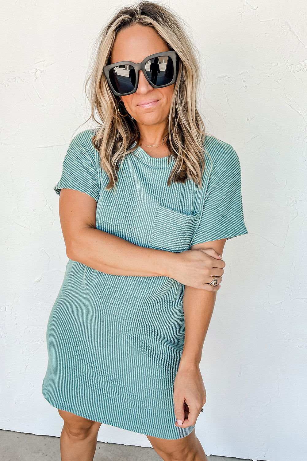 Blue Ribbed Chest Pocket Casual T Shirt Dress - Vesteeto