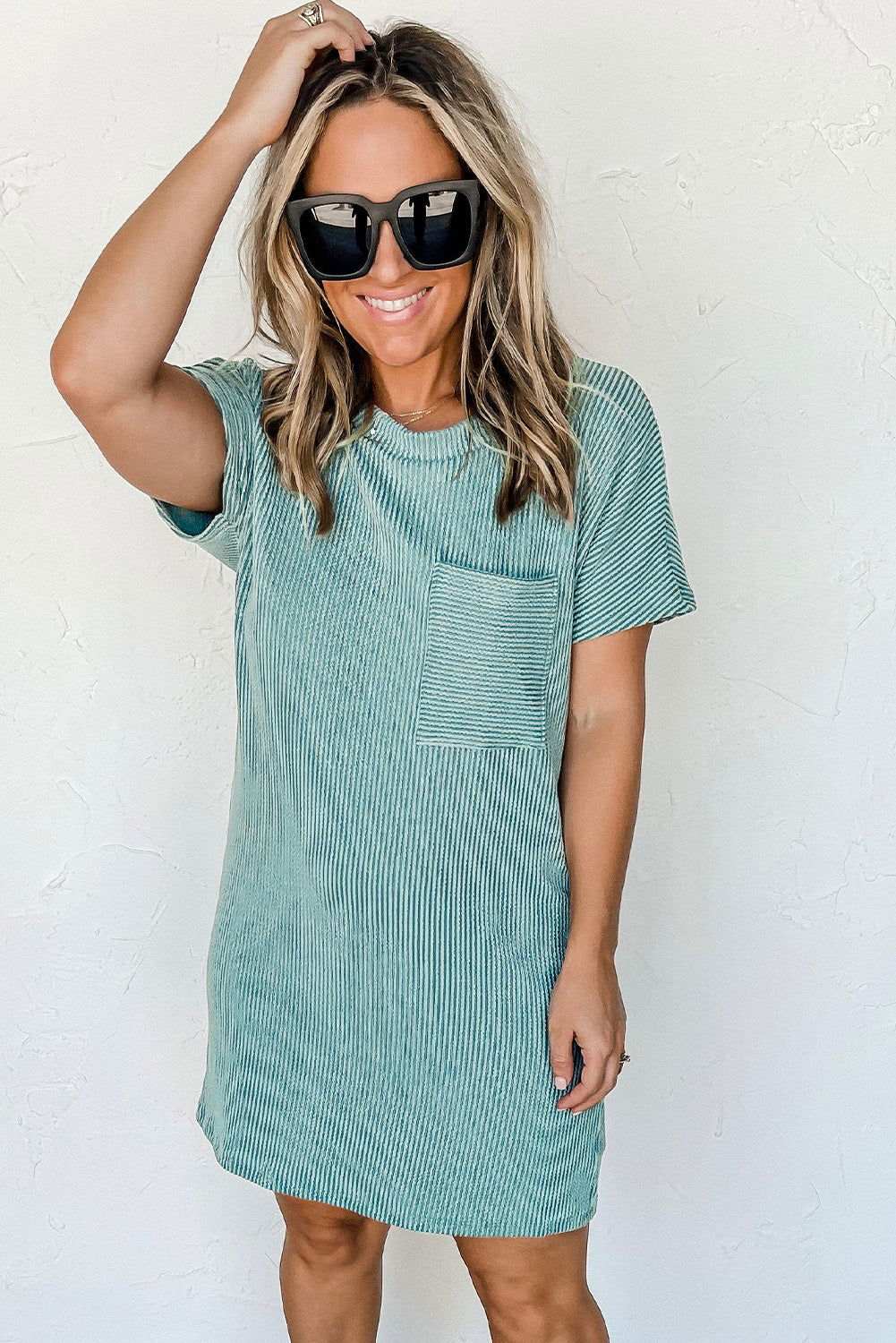 Blue Ribbed Chest Pocket Casual T Shirt Dress - Vesteeto