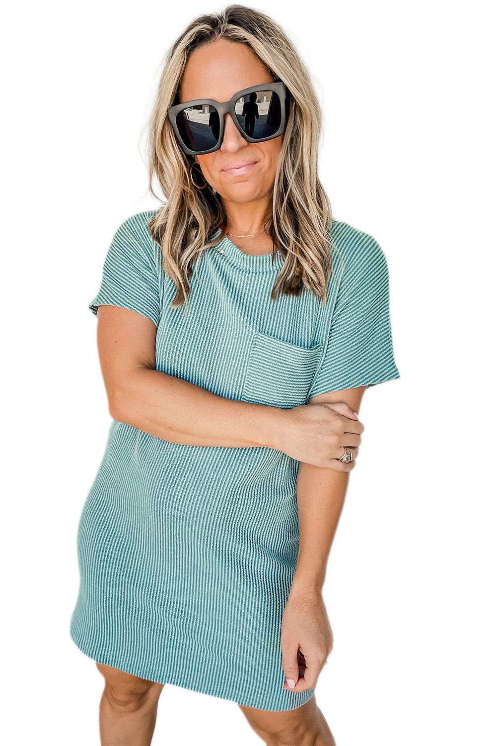 Blue Ribbed Chest Pocket Casual T Shirt Dress - Vesteeto